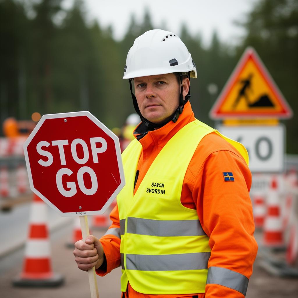 Trafikvakt med stop/go-skylt på svenskt vägarbete
